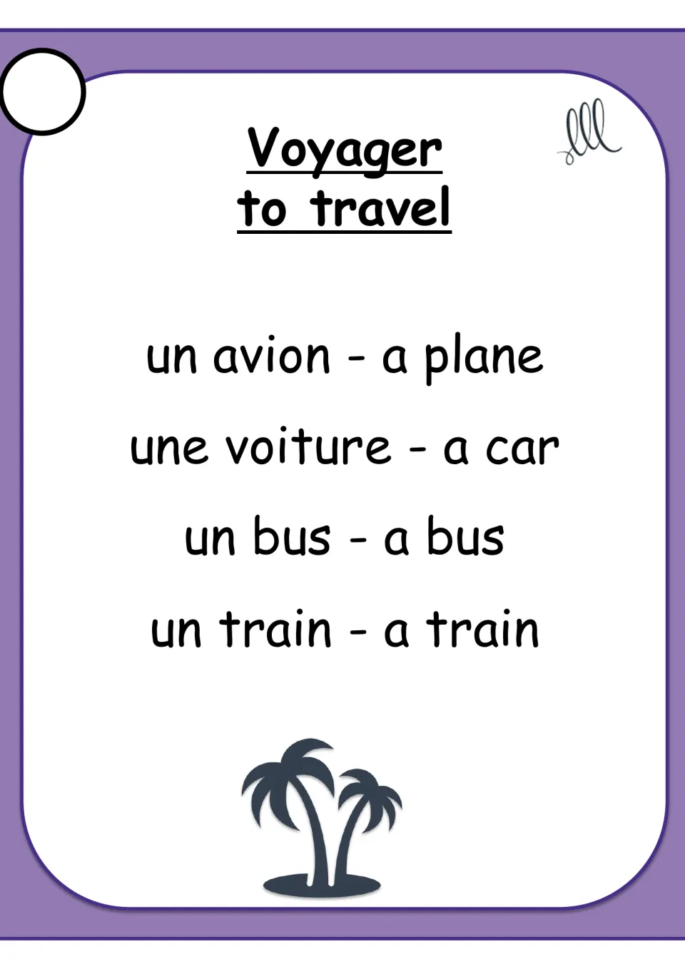 French Taboo card for voyager (to travel), listing un avion (a plane), une voiture (a car), bus and train
