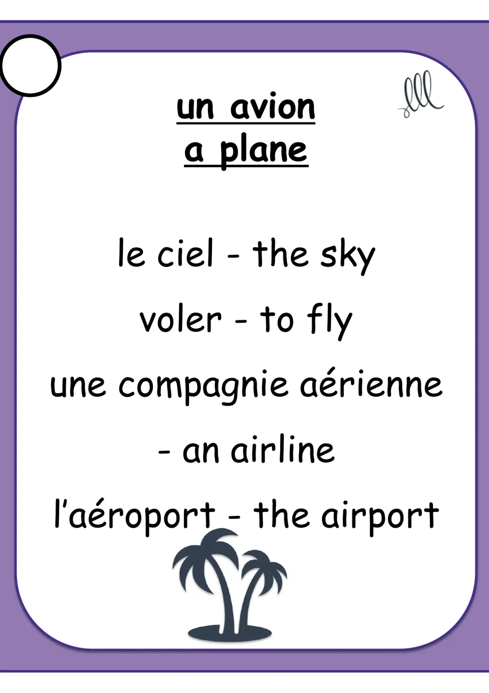 French Taboo card for un avion (a plane), with bilingual terms for the sky, flying, an airline and the airport