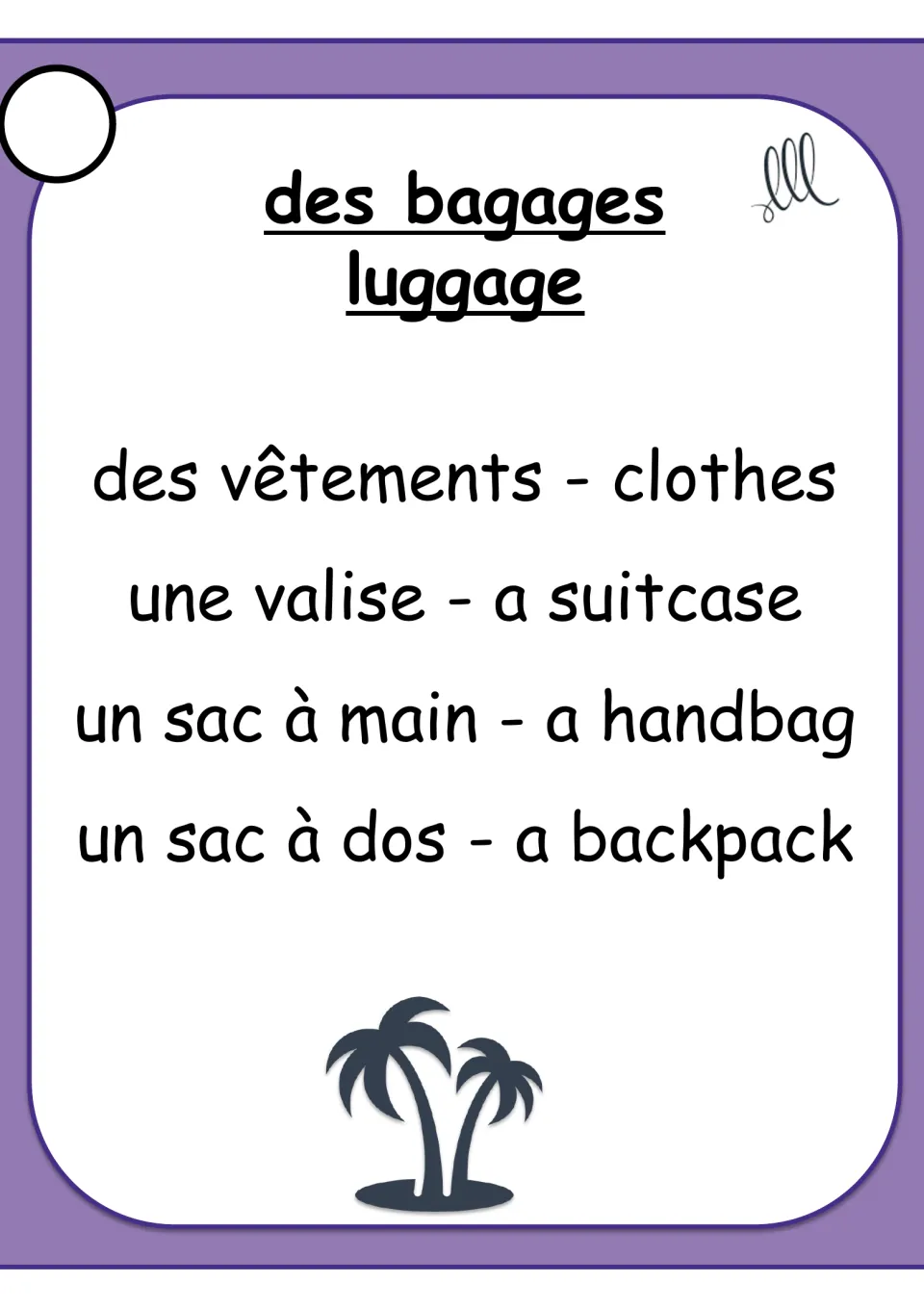 French Taboo card for des bagages (luggage), with bilingual terms for clothes, a suitcase, handbag and backpack