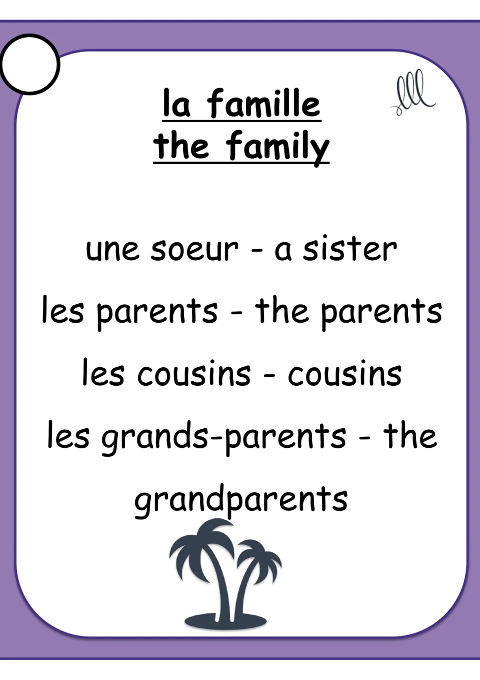 French Taboo card for la famille (the family), with bilingual terms for a sister, parents, cousins and grandparents
