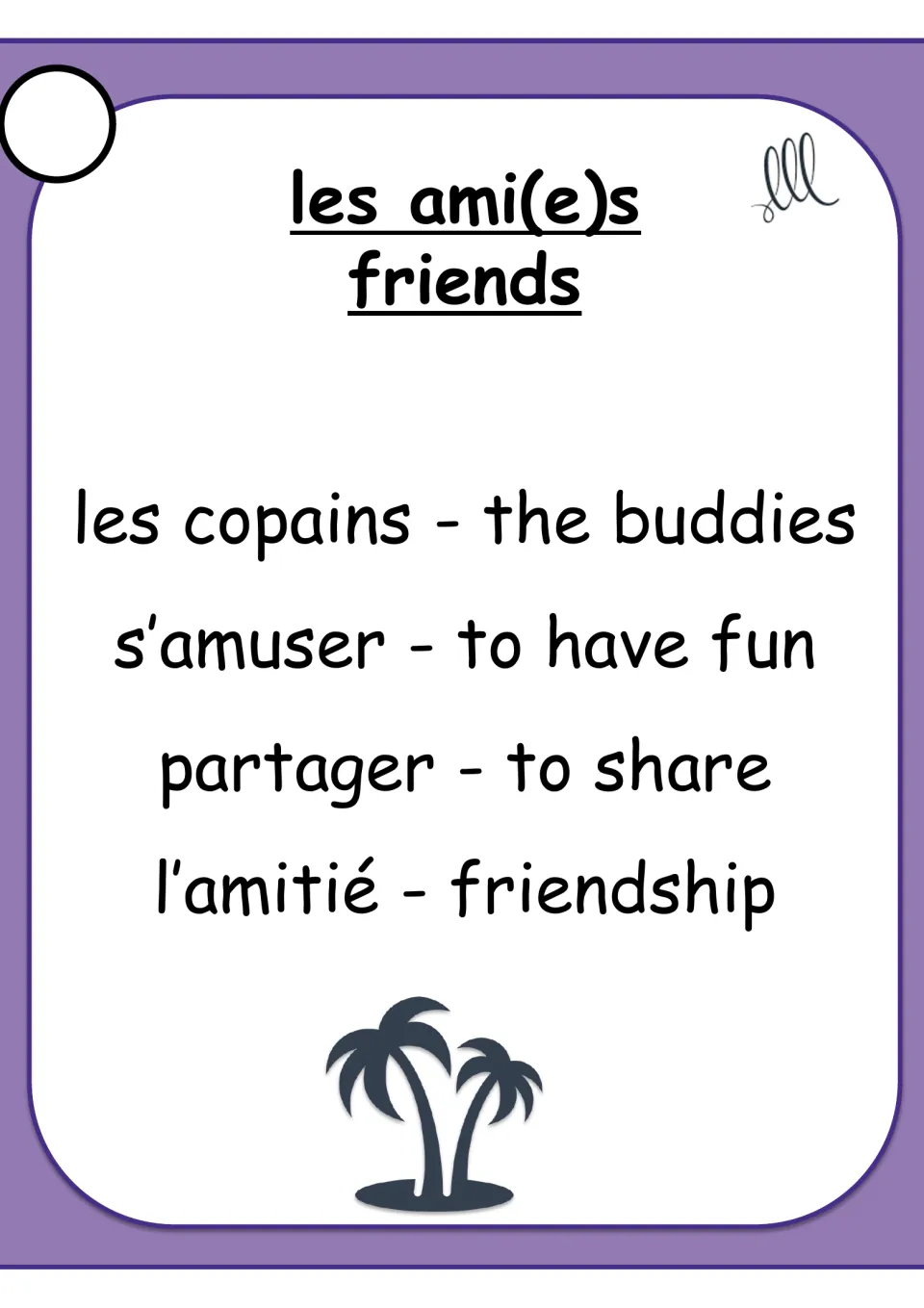 French Taboo card for les ami(e)s (friends), with bilingual terms for buddies, having fun, sharing and friendship