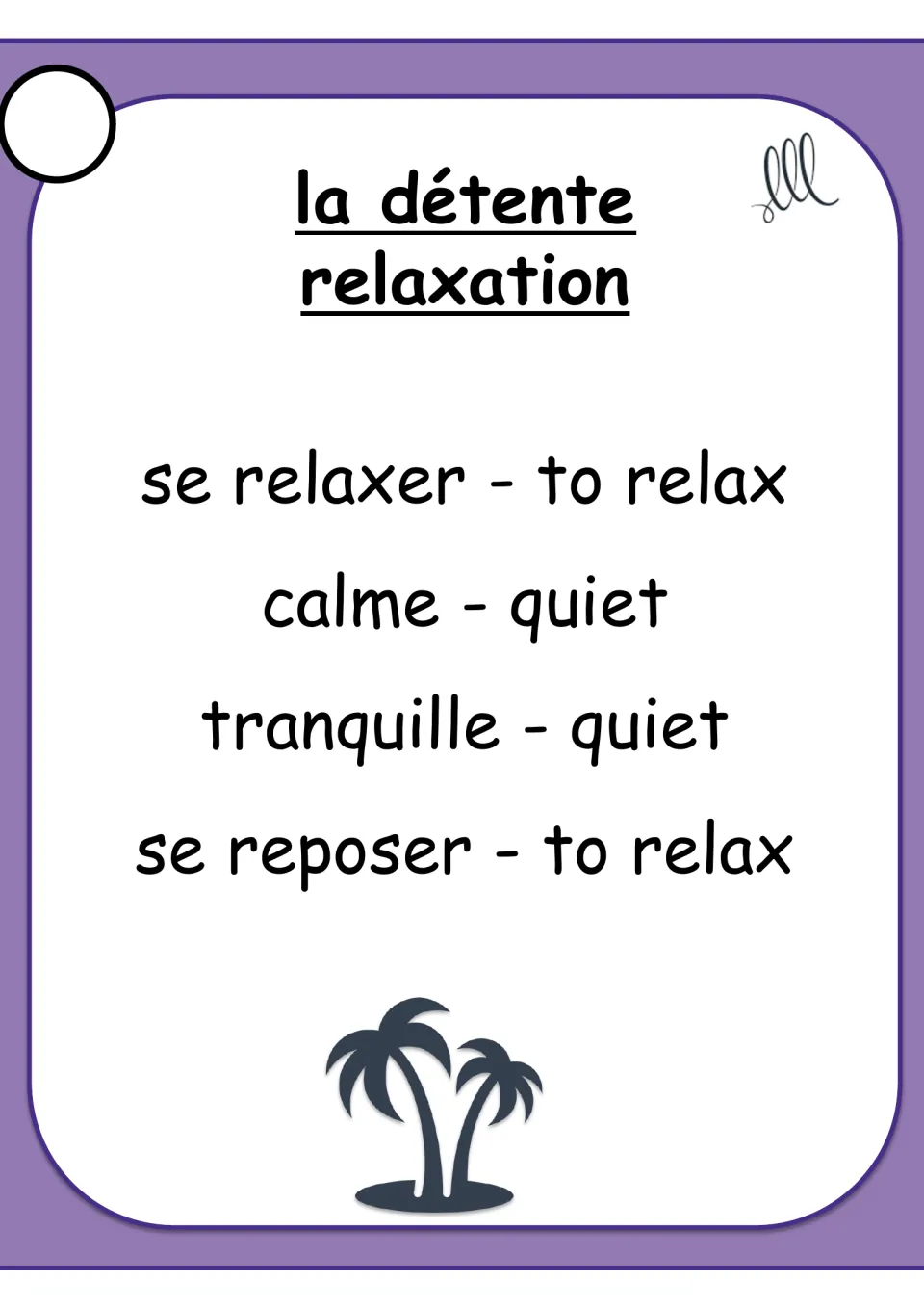 French Taboo card for la détente (relaxation), listing se relaxer, calme, tranquille and se reposer with translations