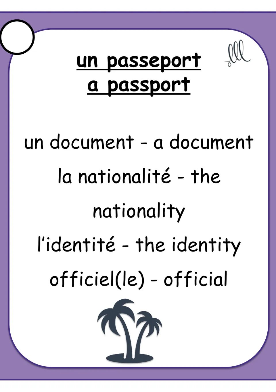 French Taboo card for un passeport (a passport), with bilingual terms for a document, nationality, identity and official