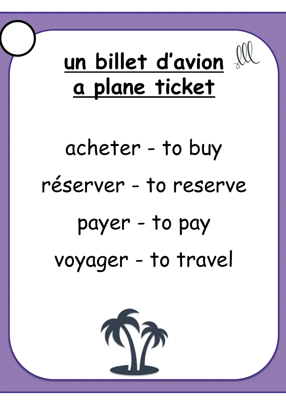French Taboo card for un billet d’avion (a plane ticket), with bilingual verbs for buying, reserving, paying and travel