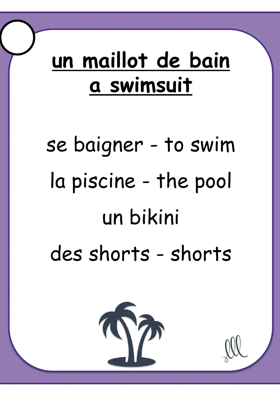 French Taboo card for un maillot de bain (a swimsuit), listing se baigner (to swim), la piscine (the pool) and two more