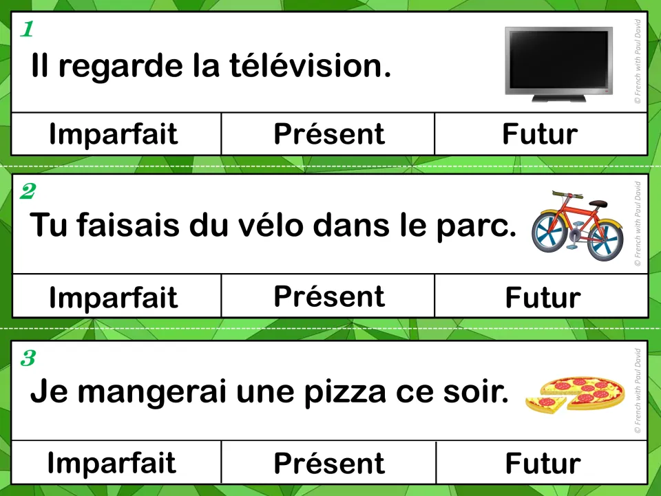 Verb tense cards 1-3: students pick imparfait, présent or futur for TV, bike-riding and pizza sentences