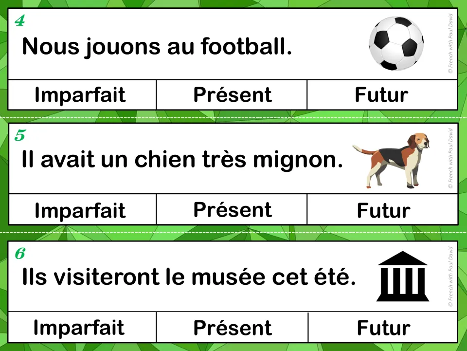 Tense cards 4-6: students choose the tense of sentences about football, a cute dog and visiting the museum this summer