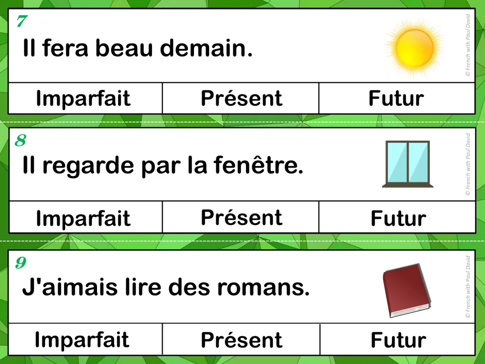 Tense cards 7-9: students mark Il fera beau demain, Il regarde par la fenêtre and J'aimais lire des romans by tense