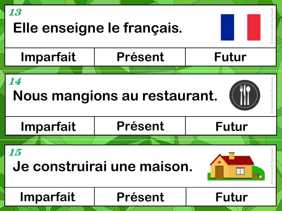 Tense cards 13-15: students choose imparfait, présent or futur for teaching French, eating out and building a house
