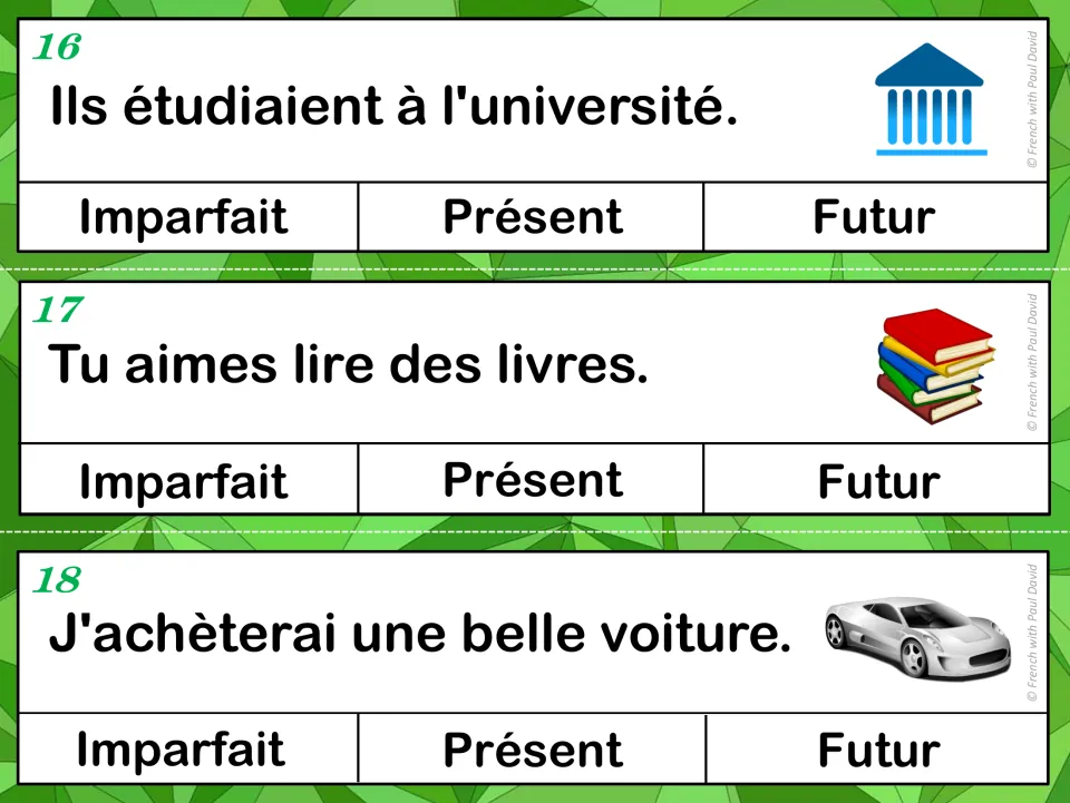 Tense cards 16-18: students label sentences about studying at university, liking books and buying a nice car by tense