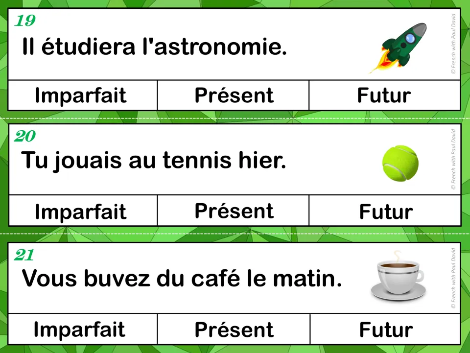 Tense cards 19-21: students identify the tense of sentences about astronomy, playing tennis yesterday and morning coffee