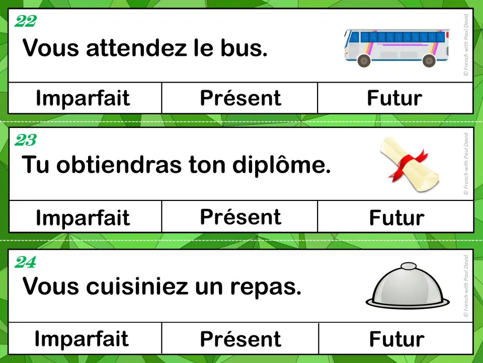 Tense cards 22-24: students sort Vous attendez le bus, Tu obtiendras ton diplôme and Vous cuisiniez un repas by tense