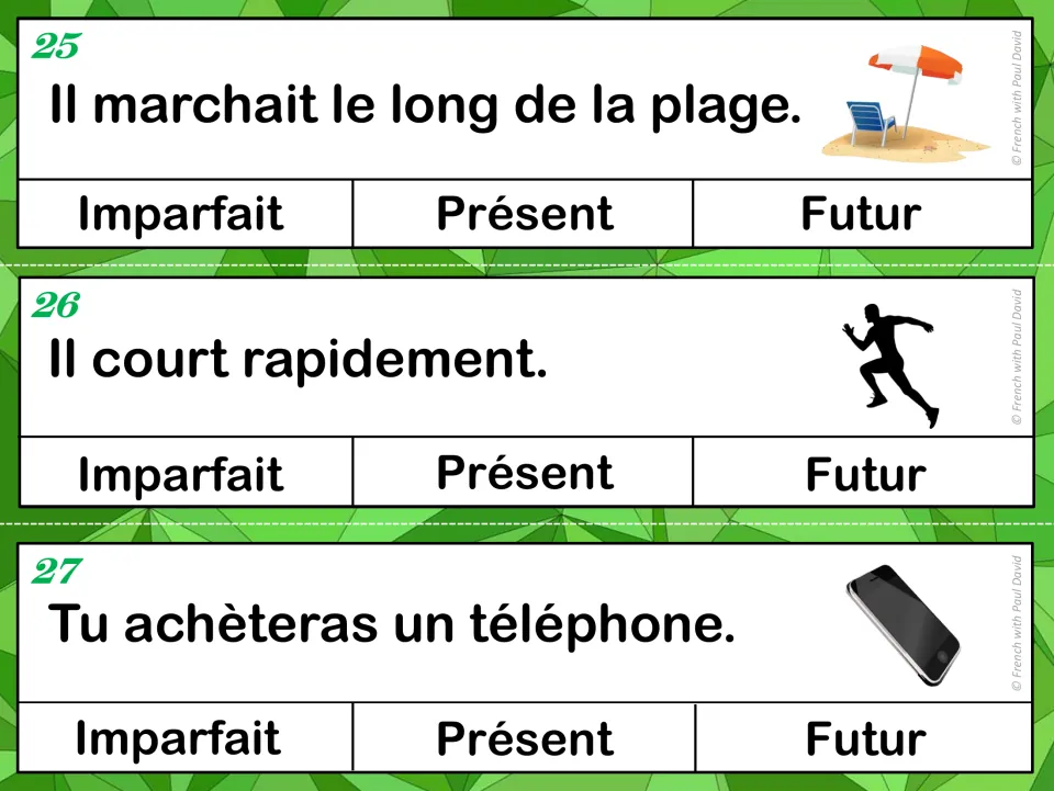 Tense cards 25-27: students mark the tense in sentences about walking on the beach, running fast and buying a phone
