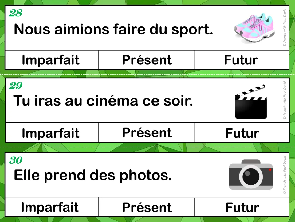 Tense cards 28-30: students choose the tense for sentences about liking sports, going to the cinema and taking photos