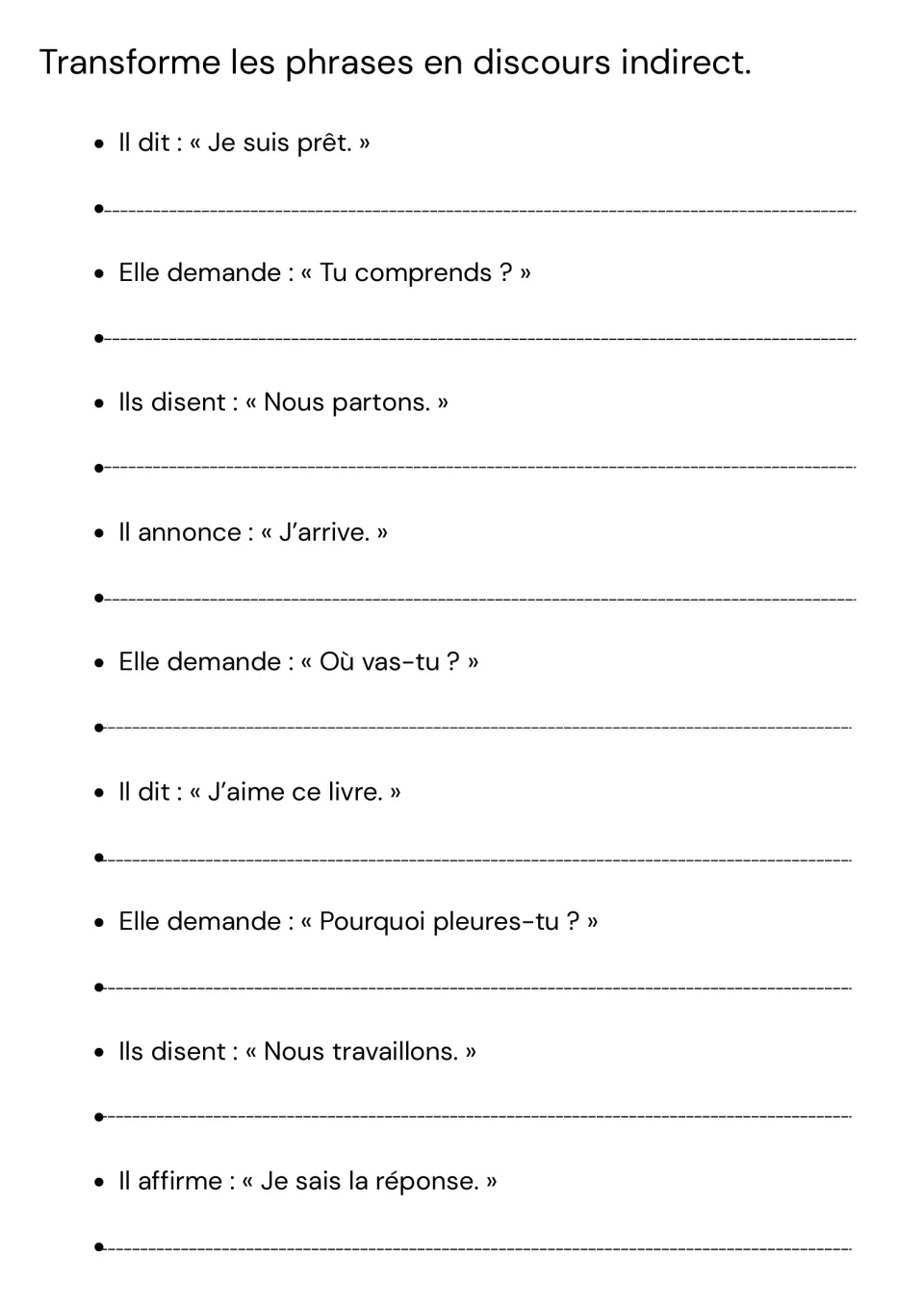 Direct to indirect speech: students rewrite 9 quoted sentences, e.g. Il dit : « Je suis prêt. », as reported speech