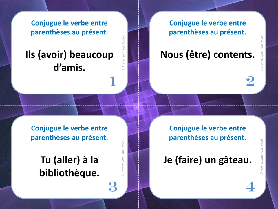 French present tense task cards 1-4: students conjugate avoir, être, aller and faire, e.g. Nous (être) contents