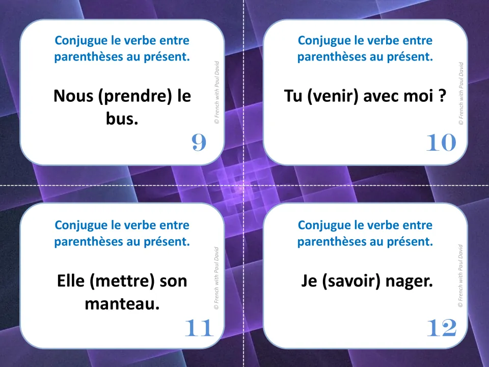 Cards 9-12: students conjugate prendre, venir, mettre and savoir in the present, e.g. Je (savoir) nager