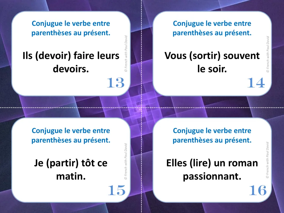 Cards 13-16: students conjugate devoir, sortir, partir and lire, e.g. Elles (lire) un roman passionnant