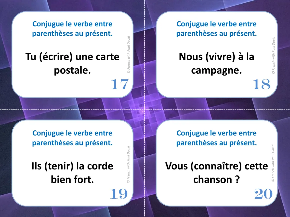 Cards 17-20: students supply present forms of écrire, vivre, tenir and connaître, as in Vous (connaître) cette chanson ?