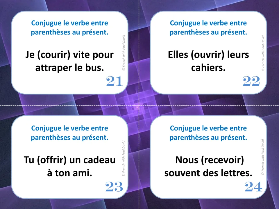 Cards 21-24: students fill in courir, ouvrir, offrir and recevoir in the present, e.g. Elles (ouvrir) leurs cahiers