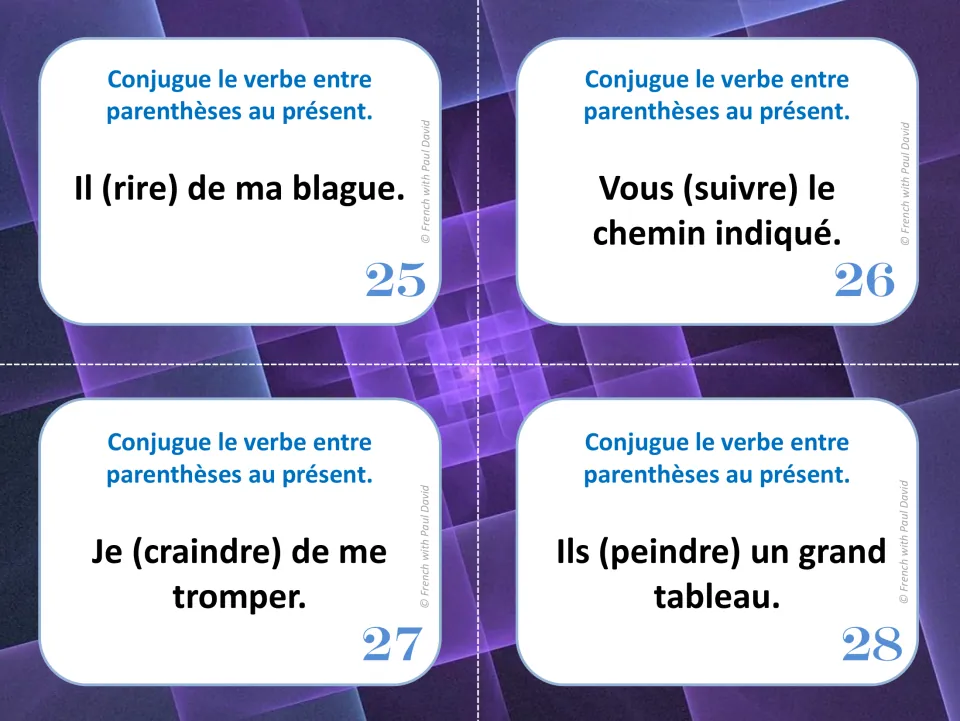 Cards 25-28: students conjugate rire, suivre, craindre and peindre, such as Ils (peindre) un grand tableau