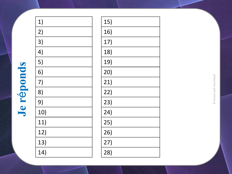 Je réponds recording sheet: numbered spaces 1 to 28 where students write each conjugated verb from the matching card