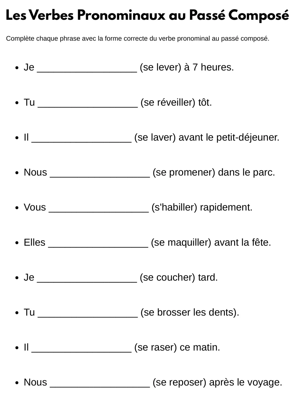 French reflexive verbs in the passé composé: students fill in 10 sentences, conjugating verbs like se lever and se raser
