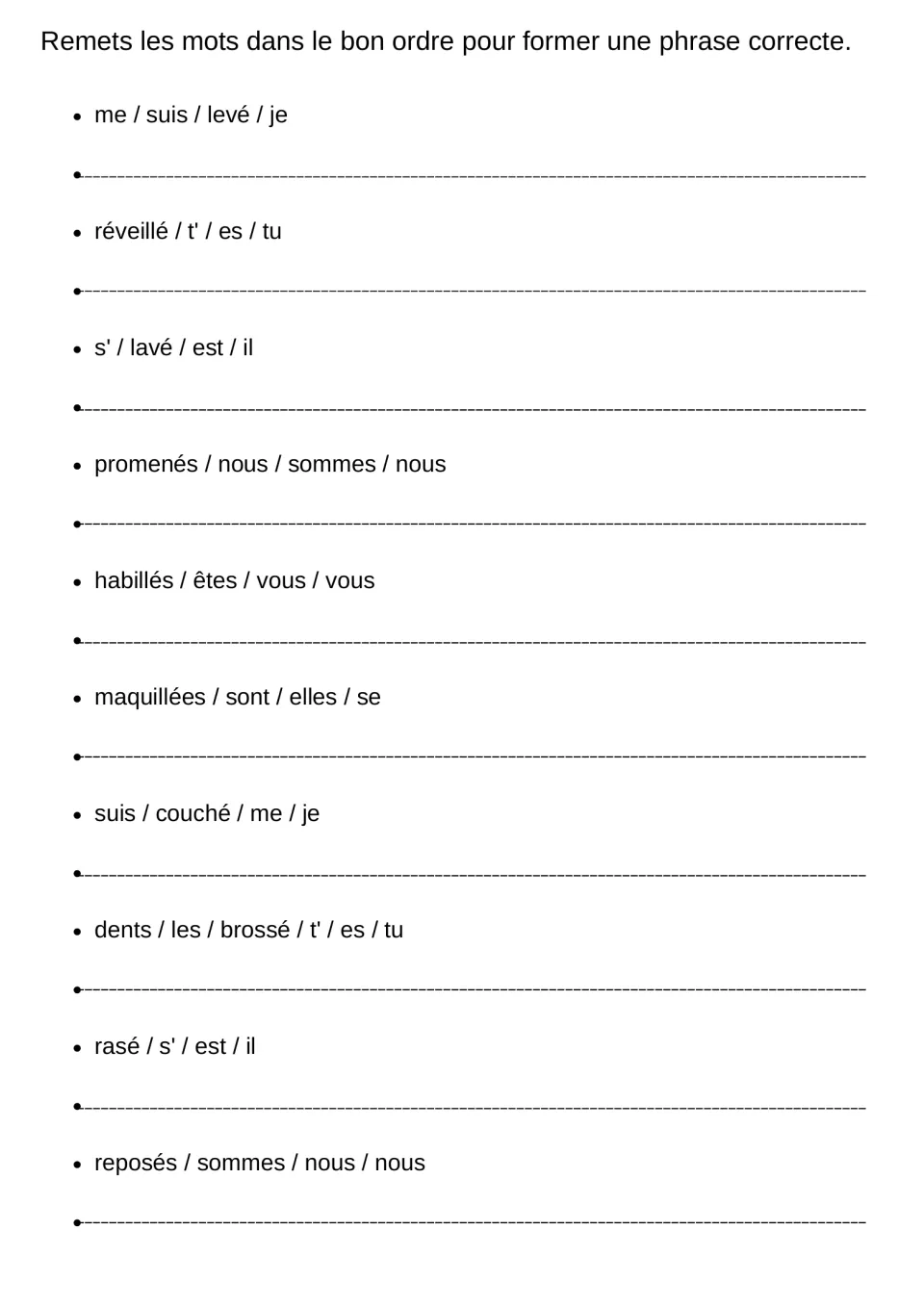 Sentence scramble: students reorder word sets like me / suis / levé / je into 10 French reflexive past-tense sentences