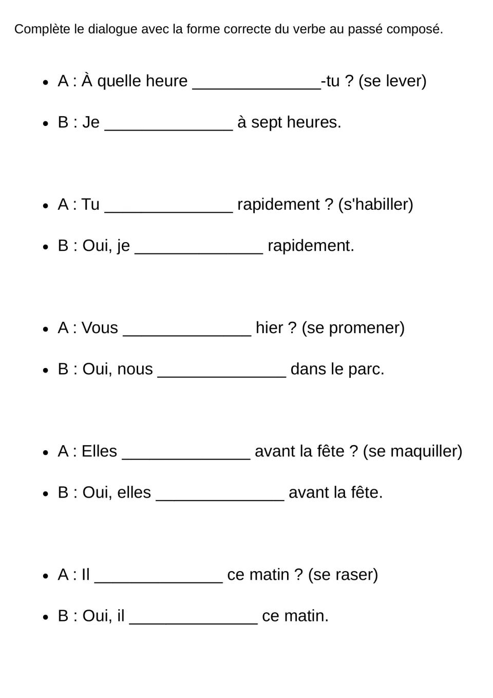 Dialogue completion: students fill in five A/B question-and-answer exchanges using se lever, s'habiller and se raser