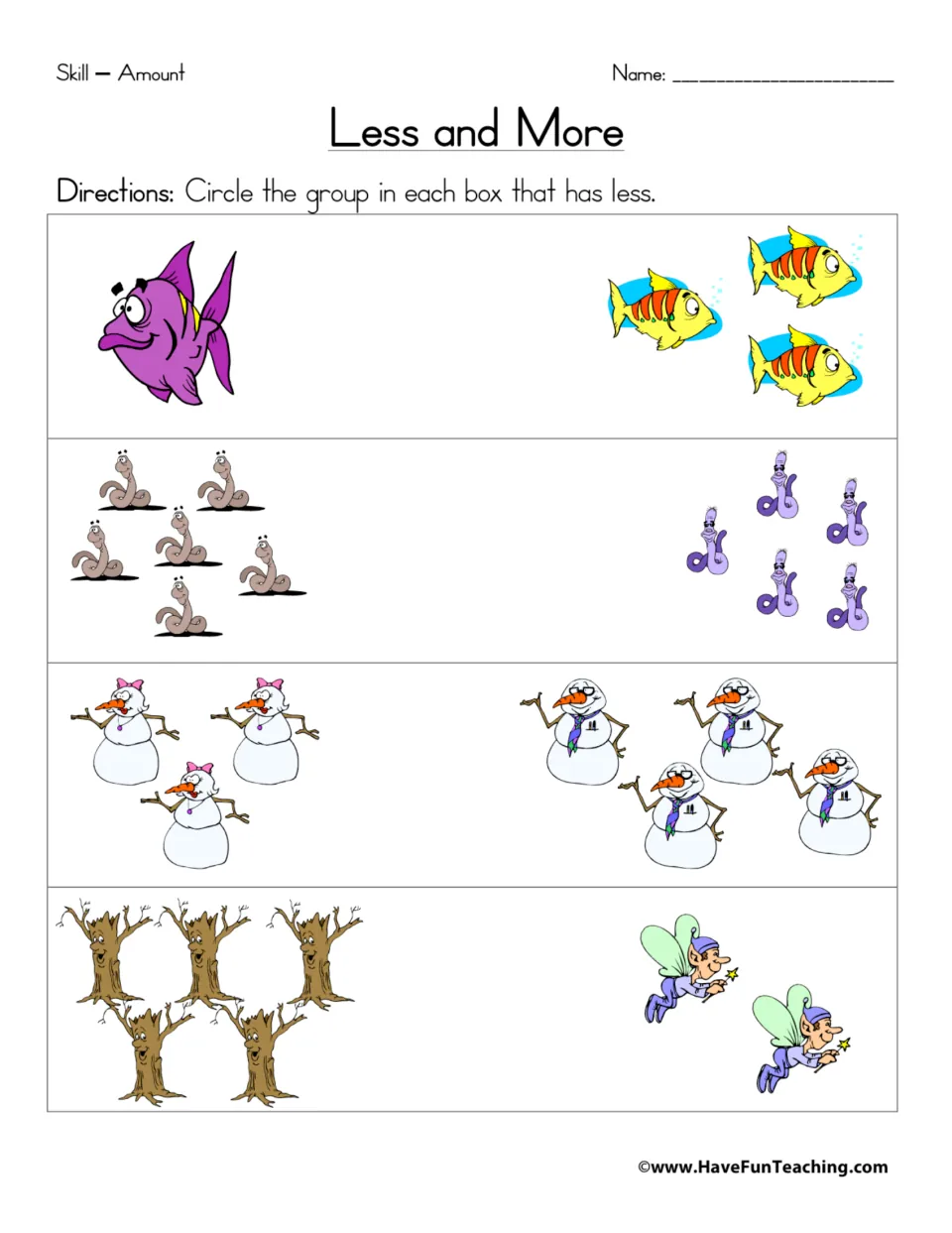 Comparing amounts: students circle the smaller group in each of 4 picture pairs, like fish, worms, snowmen and trees