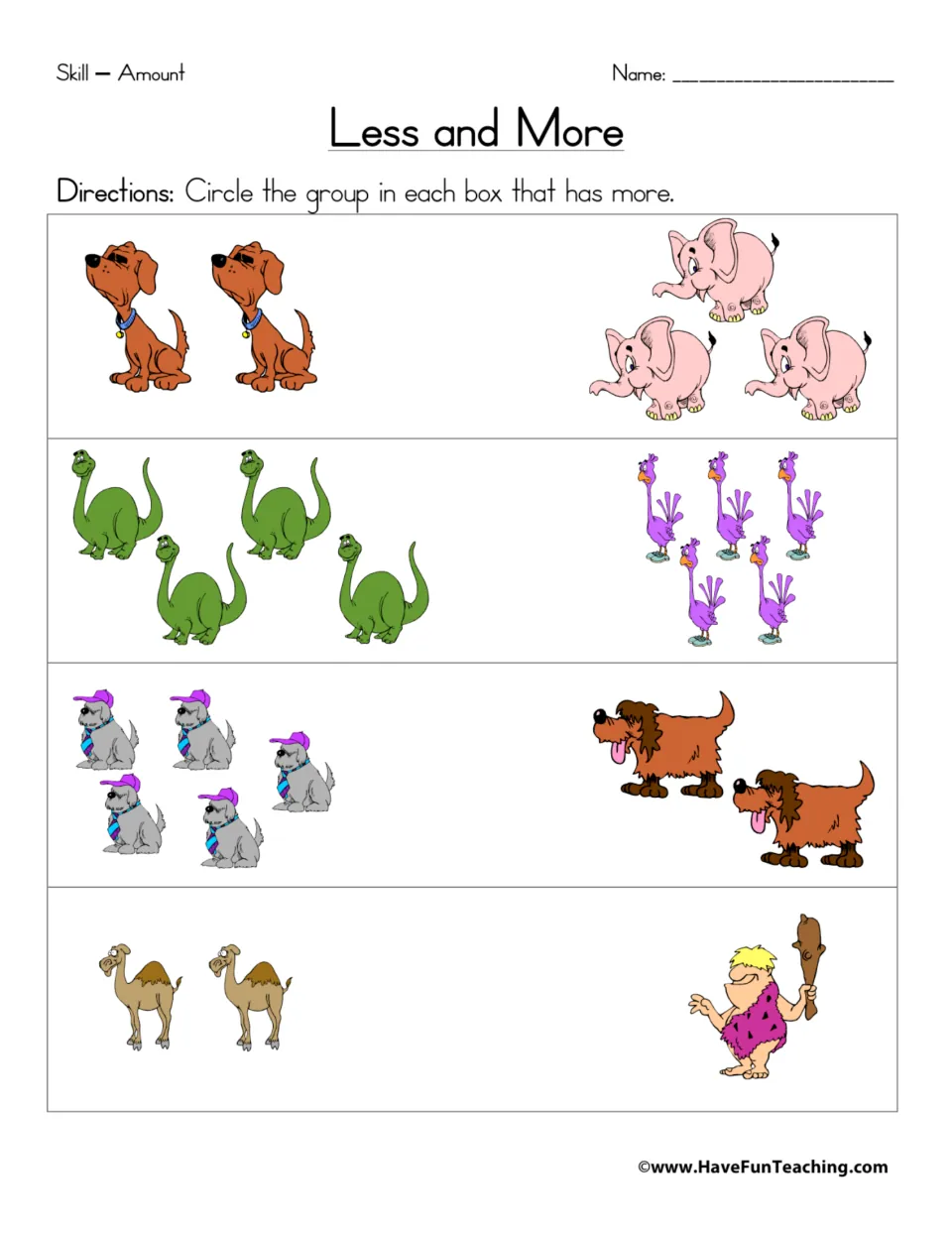 Finding the larger group: students circle the set with more in 4 picture pairs, such as dogs vs elephants and camels