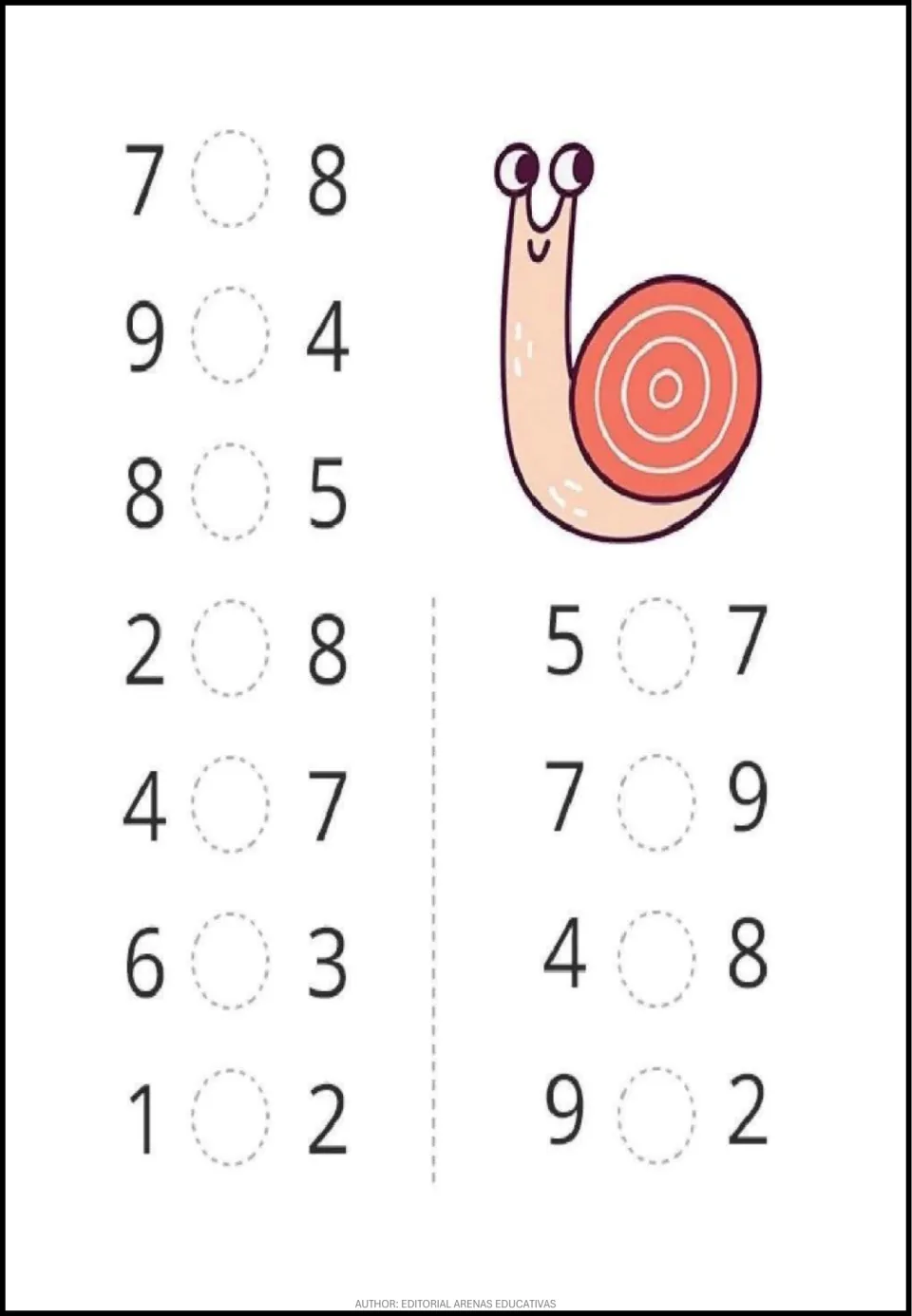 Number comparison worksheet 1: 11 pairs of single-digit numbers, including 7 and 8, 9 and 4, and 8 and 5