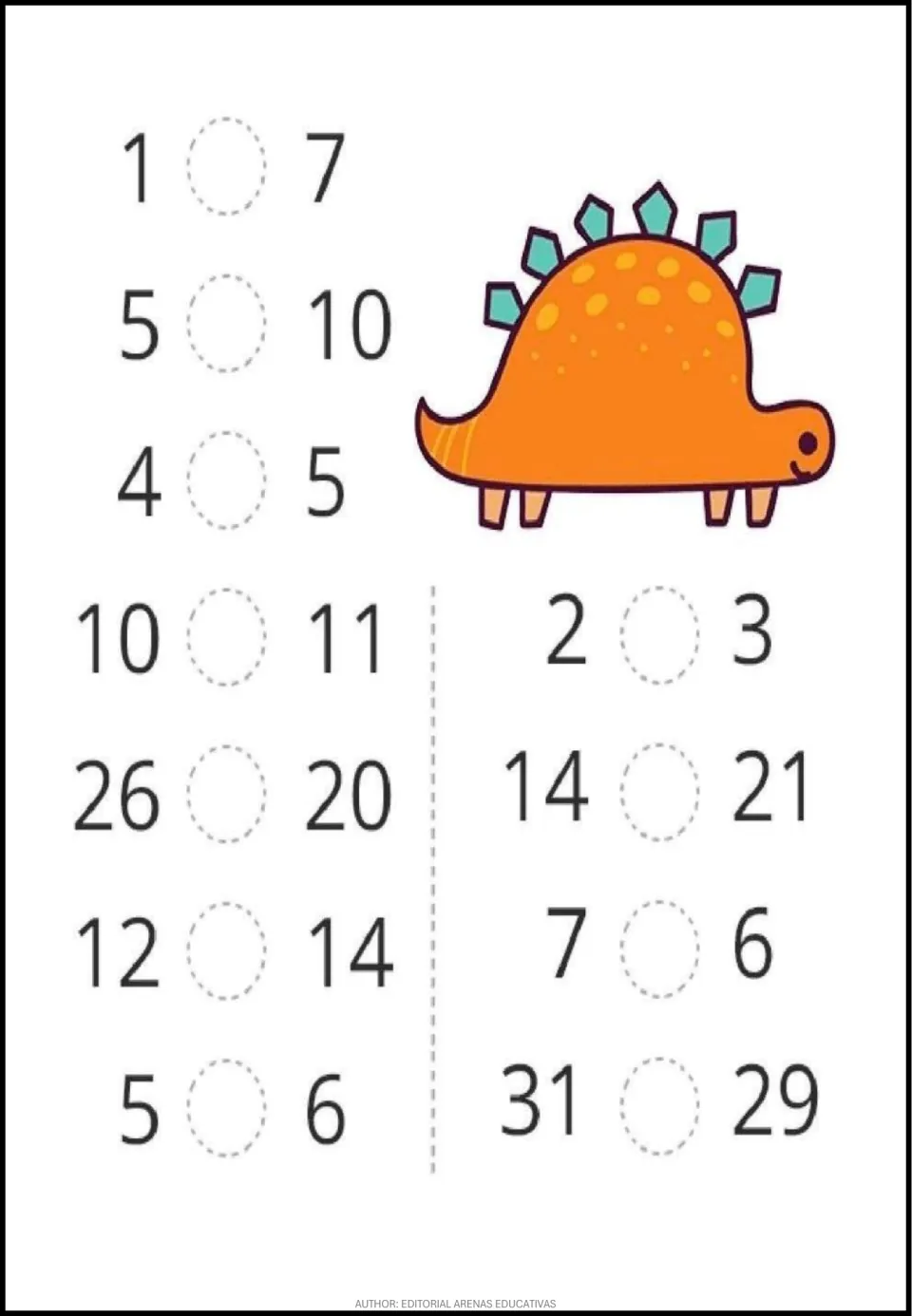 Number comparison worksheet 2: 11 pairs using numbers up to 31, including 5 and 10, 26 and 20, and 31 and 29