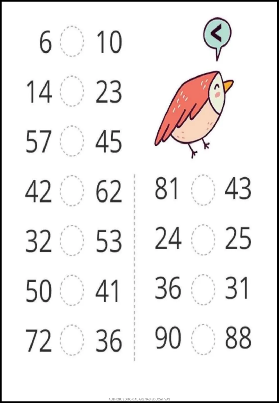 Number comparison worksheet 3: 11 pairs using numbers up to 90, including 14 and 23, 57 and 45, and 90 and 88