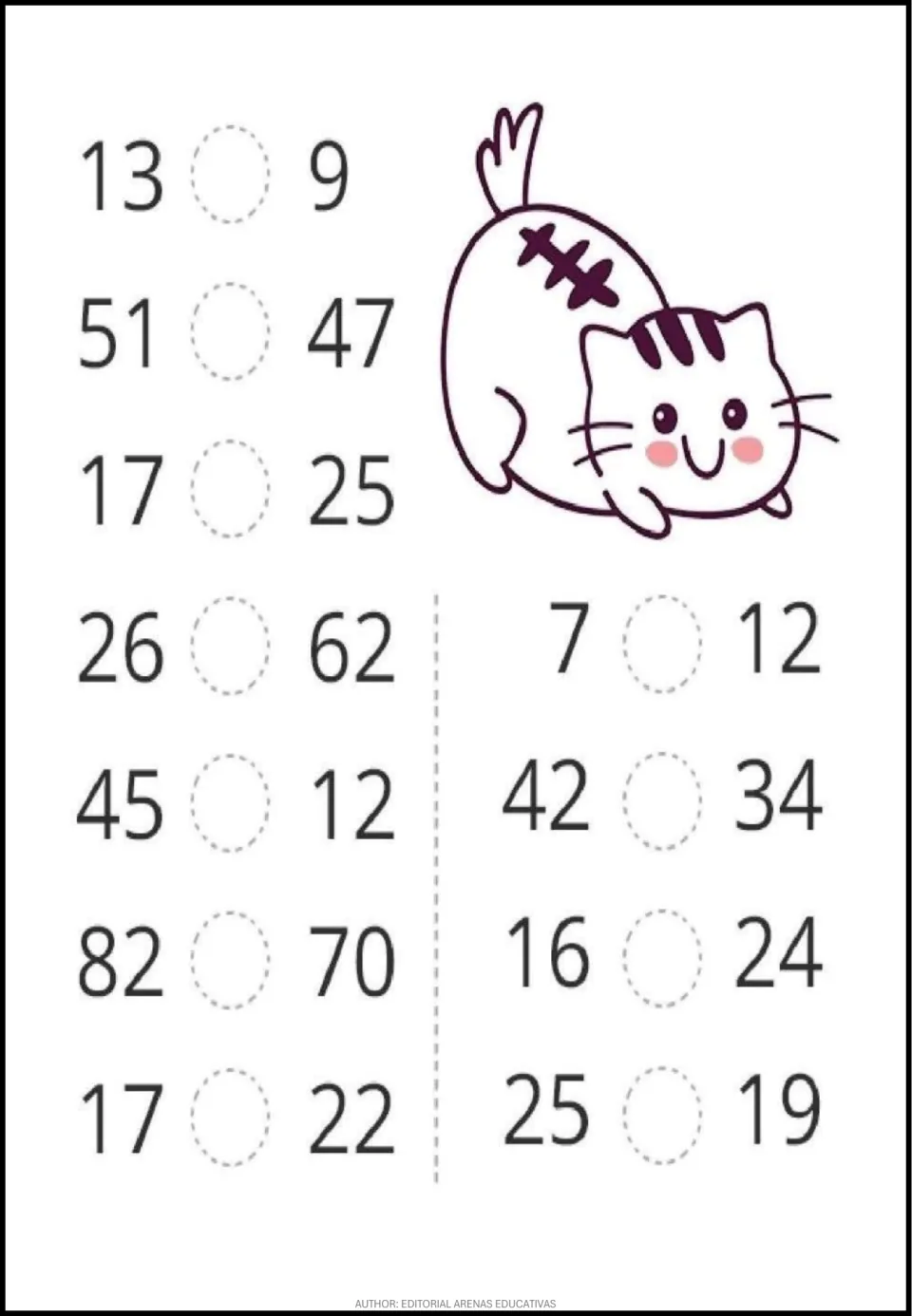 Number comparison worksheet 4: 11 pairs using numbers up to 82, including 13 and 9, 51 and 47, and 82 and 70