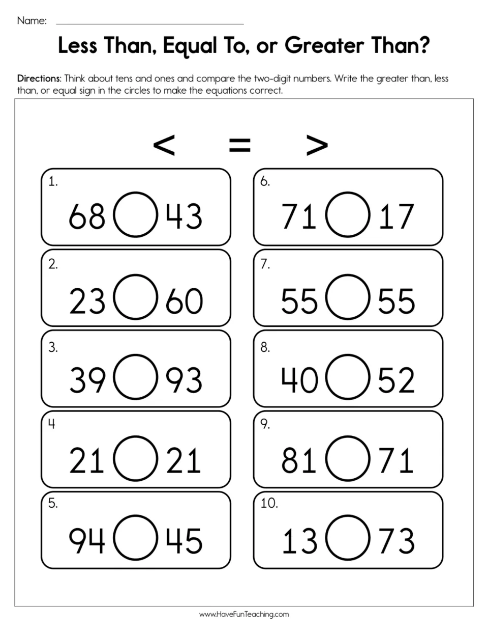 Comparing two-digit numbers: students think about tens and ones and write <, = or > between 10 number pairs like 68 and 43