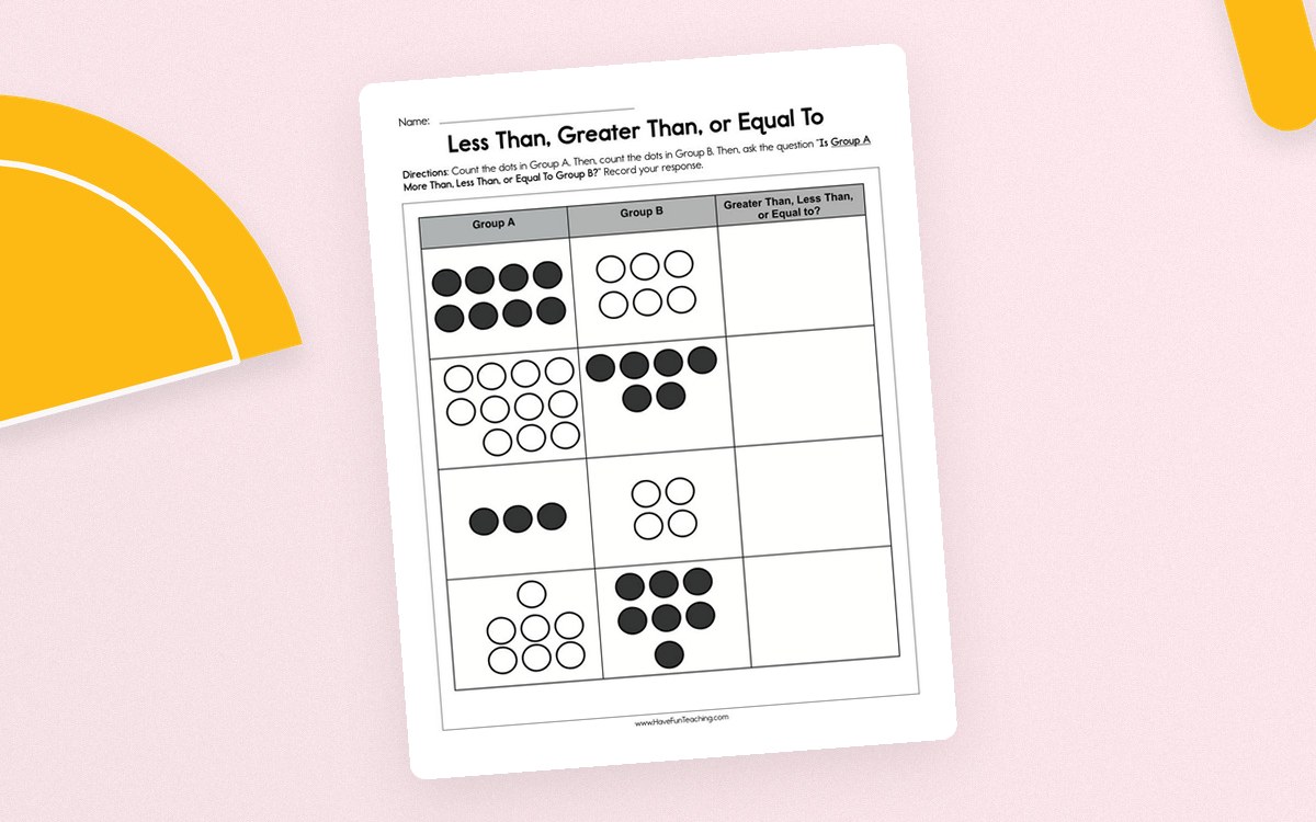 Dot-group comparison worksheet with Group A and Group B circles and a greater-than, less-than, or equal-to response column
