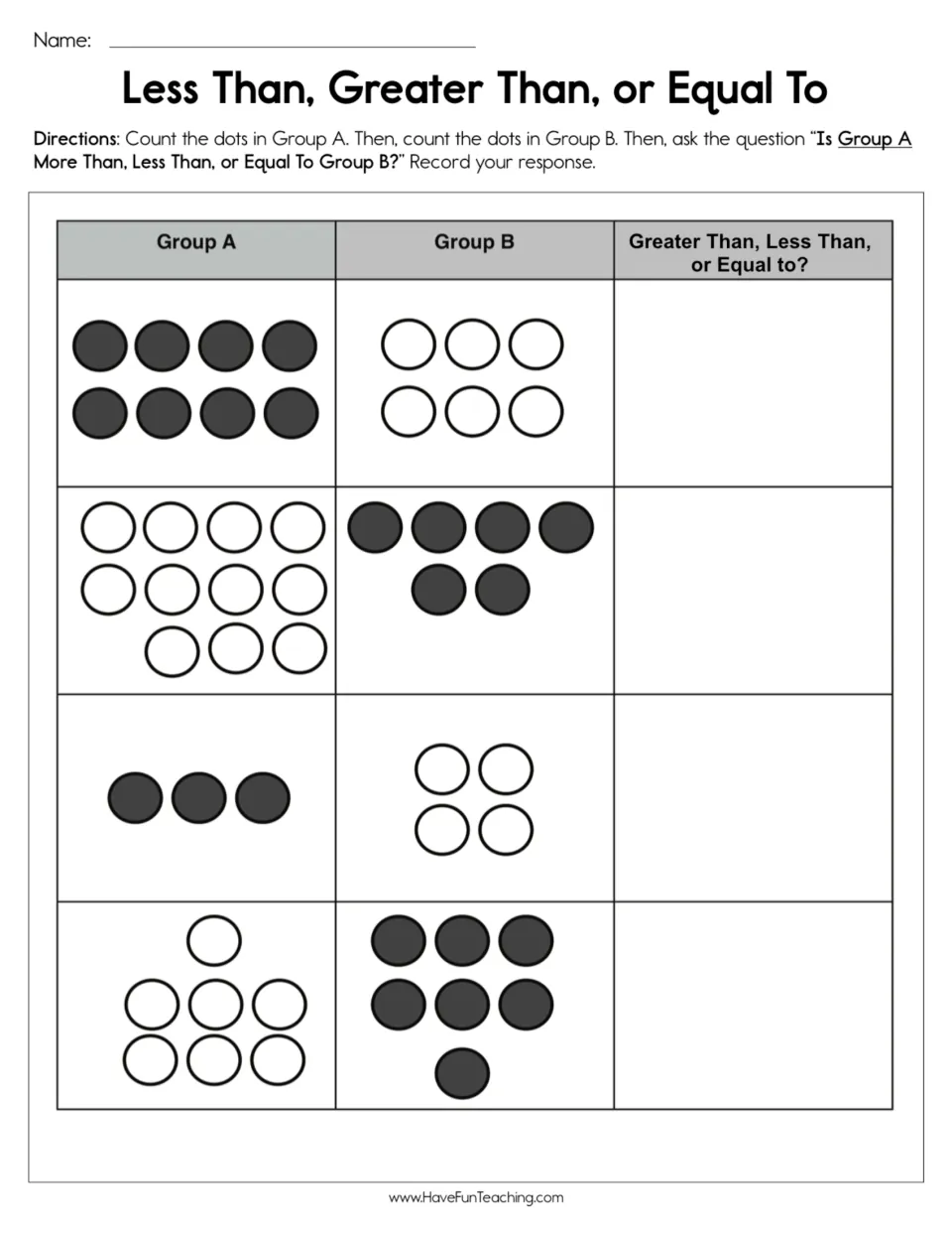 Comparing numbers with dot groups: students count Group A and Group B dots in 4 rows and record greater, less or equal