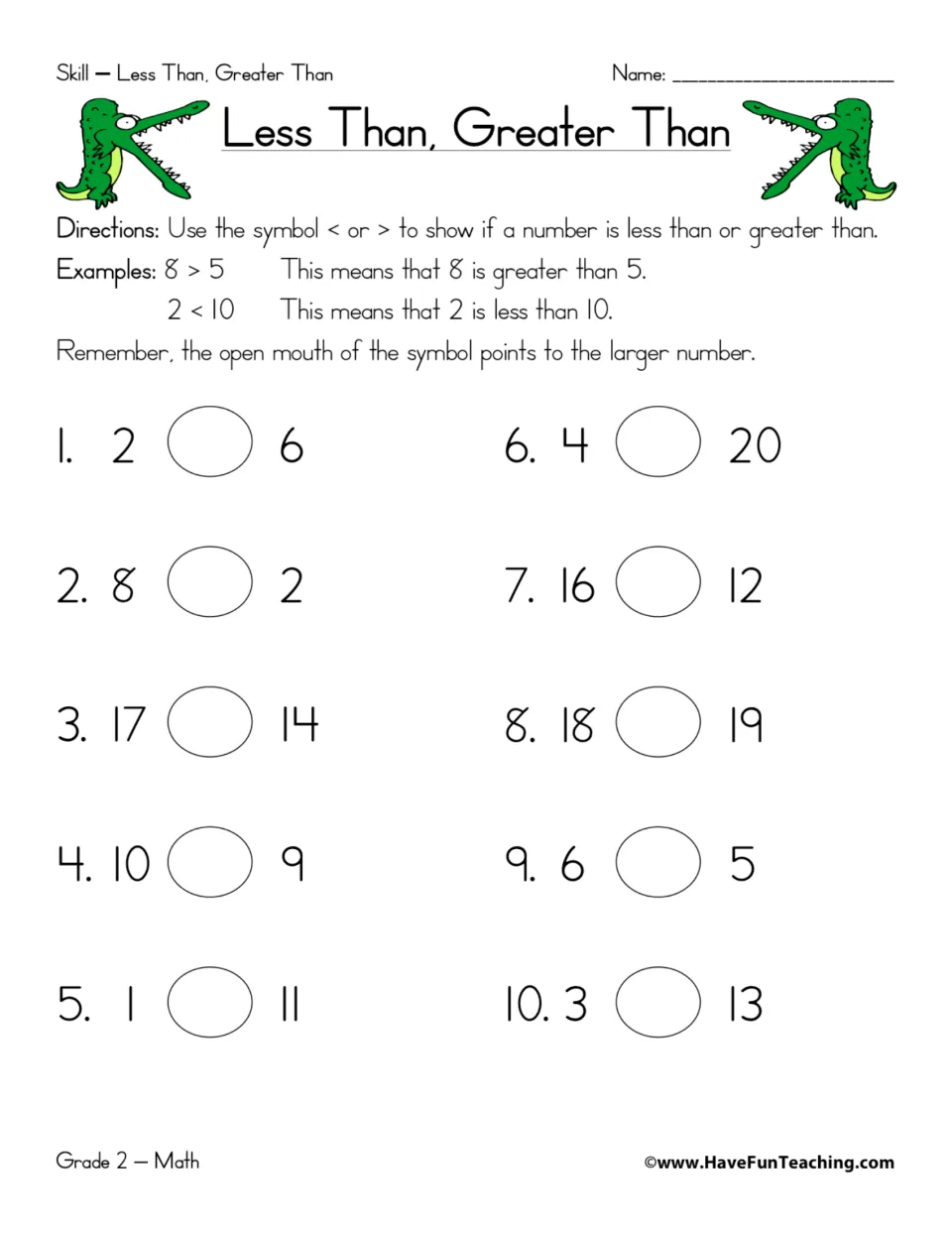 Number comparison practice: 10 pairs, including 2 and 6, 8 and 2, and 17 and 14, to complete with < or >.