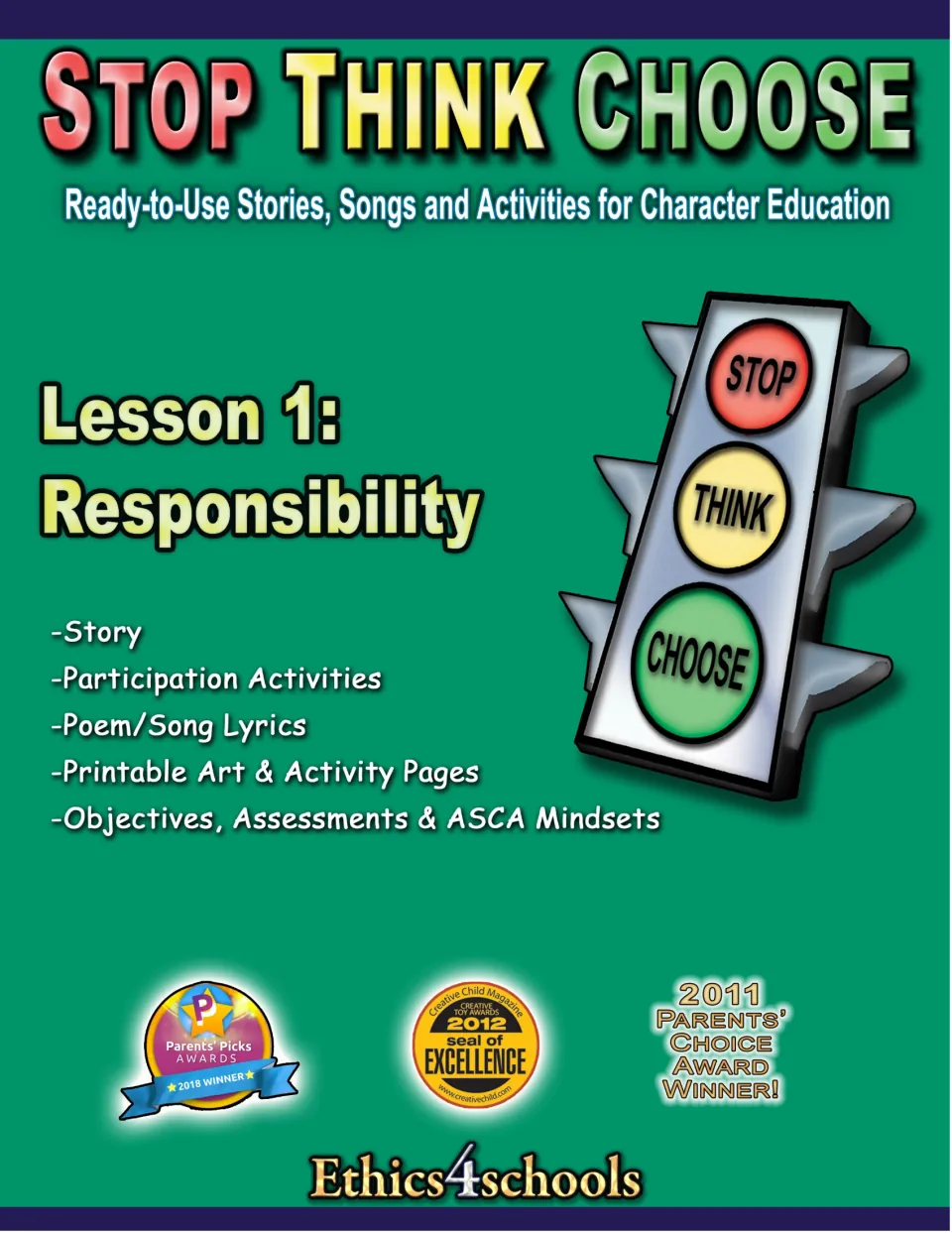 Responsibility lesson cover lists a story, participation activities, song lyrics, printables, and assessments