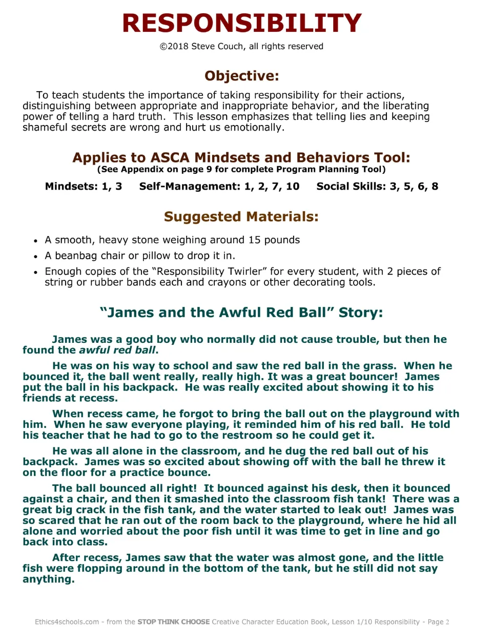 Lesson objectives, materials, and the start of James and the Awful Red Ball: James cracks the fish tank