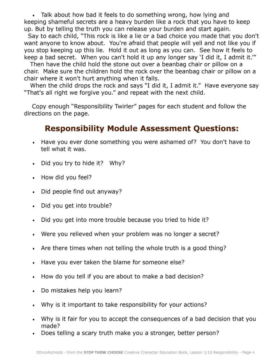 Responsibility lesson activity uses a stone to represent guilt, followed by questions about honesty
