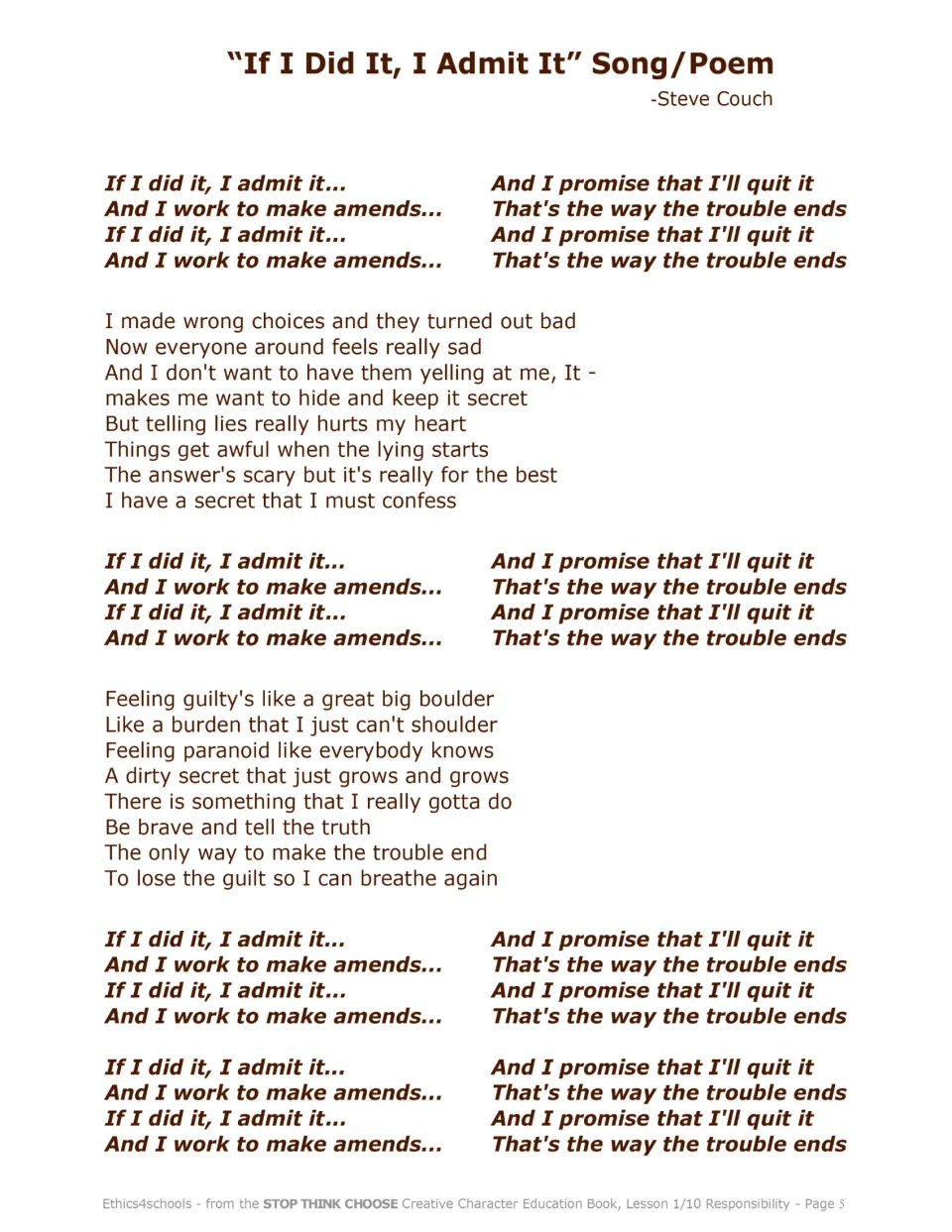 If I Did It, I Admit It song/poem lyrics address wrong choices, guilt, telling the truth, and making amends