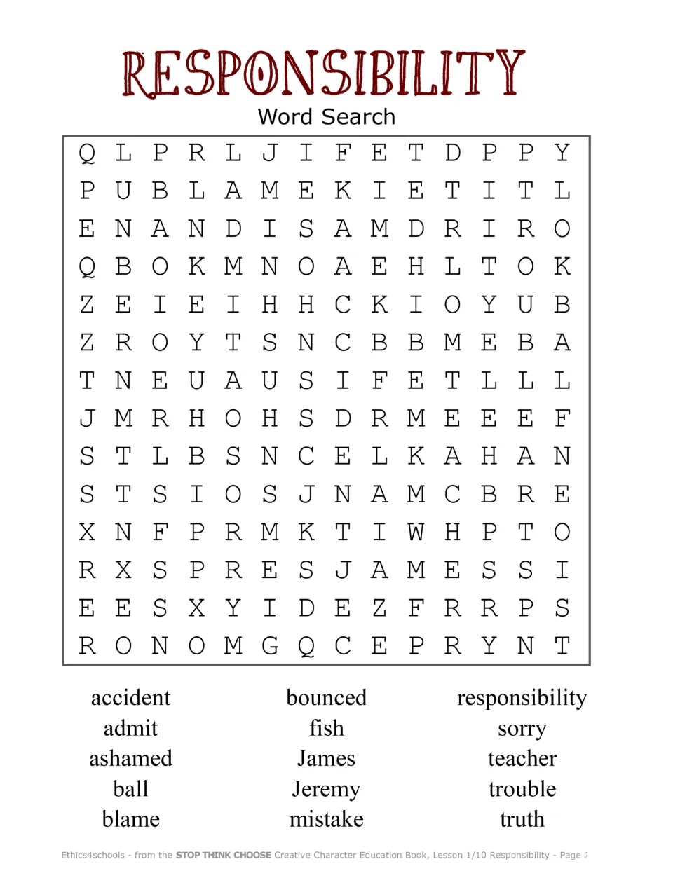 Responsibility word search includes 15 story-related words, including accident, admit, blame, and truth