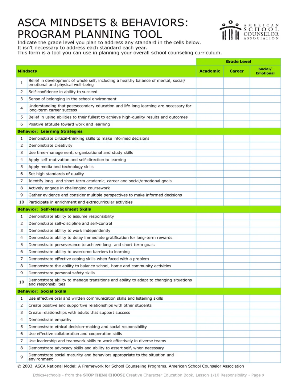 ASCA planning appendix lists mindsets, learning strategies, self-management skills, and social skills