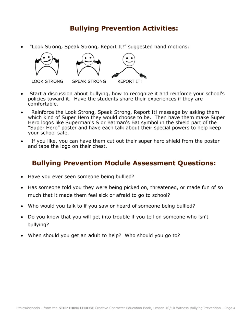 Bullying prevention activities with Look Strong, Speak Strong, Report It hand motions and five assessment questions