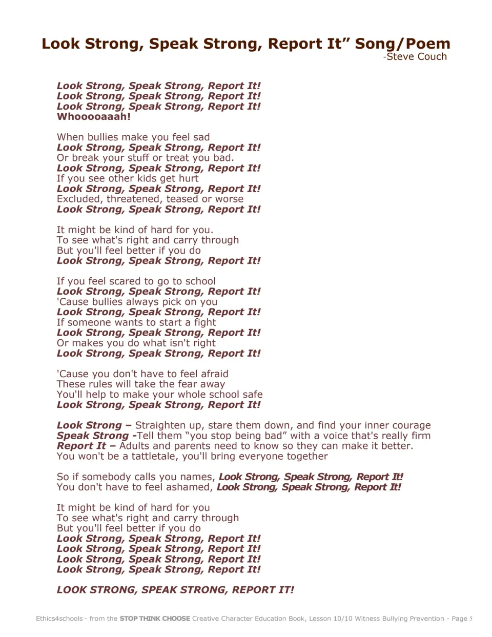 Song lyrics for Look Strong, Speak Strong, Report It by Steve Couch, with verses on bullies, courage and telling adults