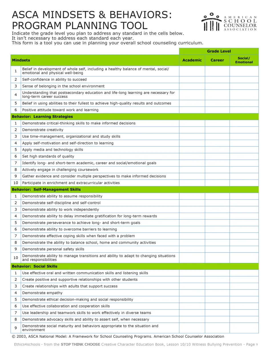ASCA Mindsets and Behaviors planning tool listing mindsets, learning strategies, self-management and social skills