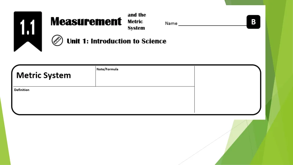 Type B measurement notes introduce the metric system with prompts for its definition and a note or formula.