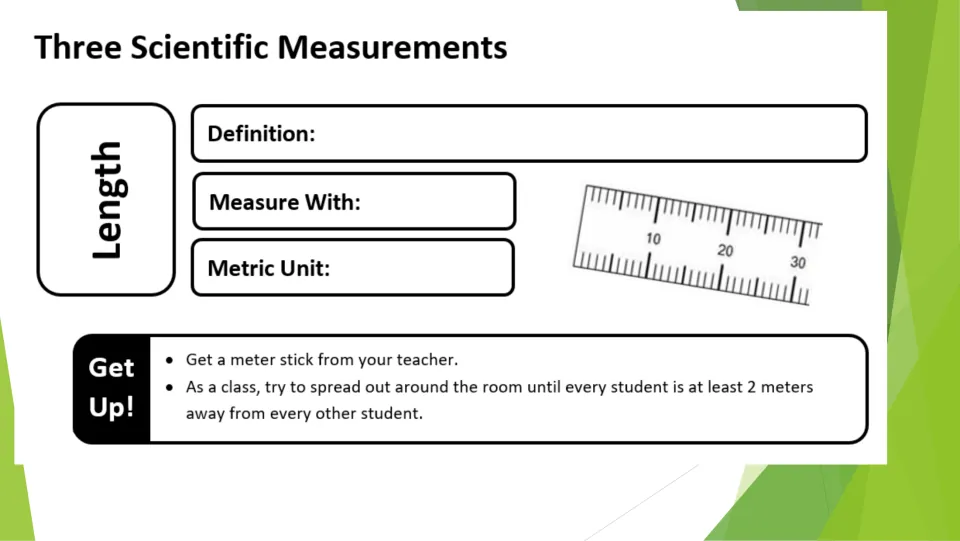 Length notes ask for a definition, measuring tool, and metric unit, then direct students to stand 2 meters apart.